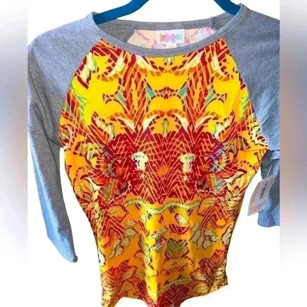 Lularoe XXS yellow& orange floral Randy t shirt, baseball style tee. NWT‎